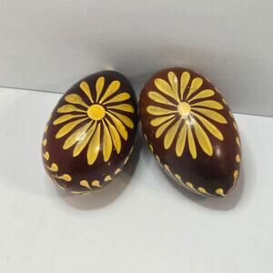 Vintage Hand Painted Wooden Eggs Folk Art Farmhouse Cottage Decor Pair